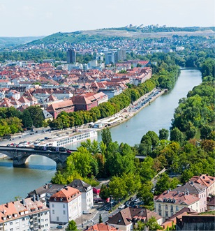 Aerial view of the city of Wurzburg, Germany on either side of the Main river with a bridge