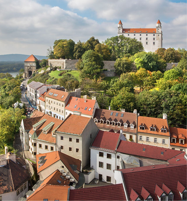red roof houses lining the streets in Bratislava, Slovakia