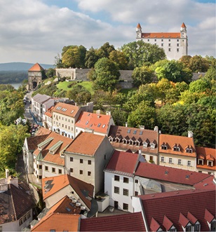 red roof houses lining the streets in Bratislava, Slovakia