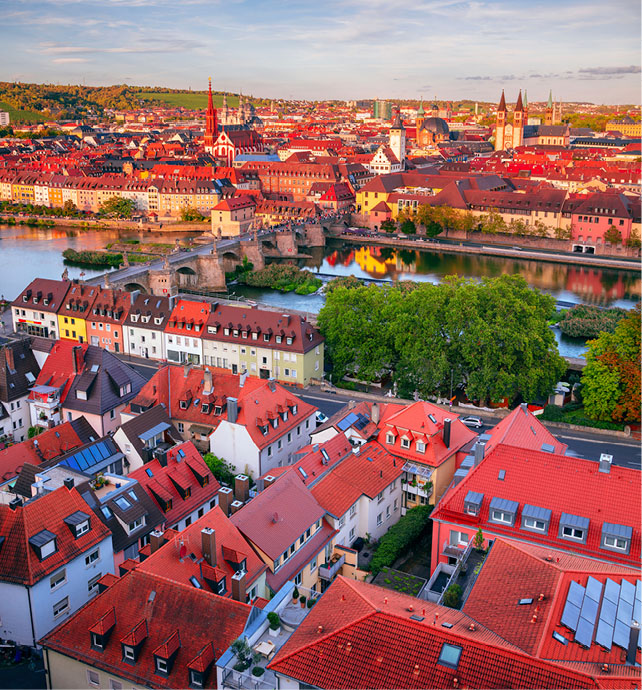 Aerial view of the red rooftops of Wurzburg
