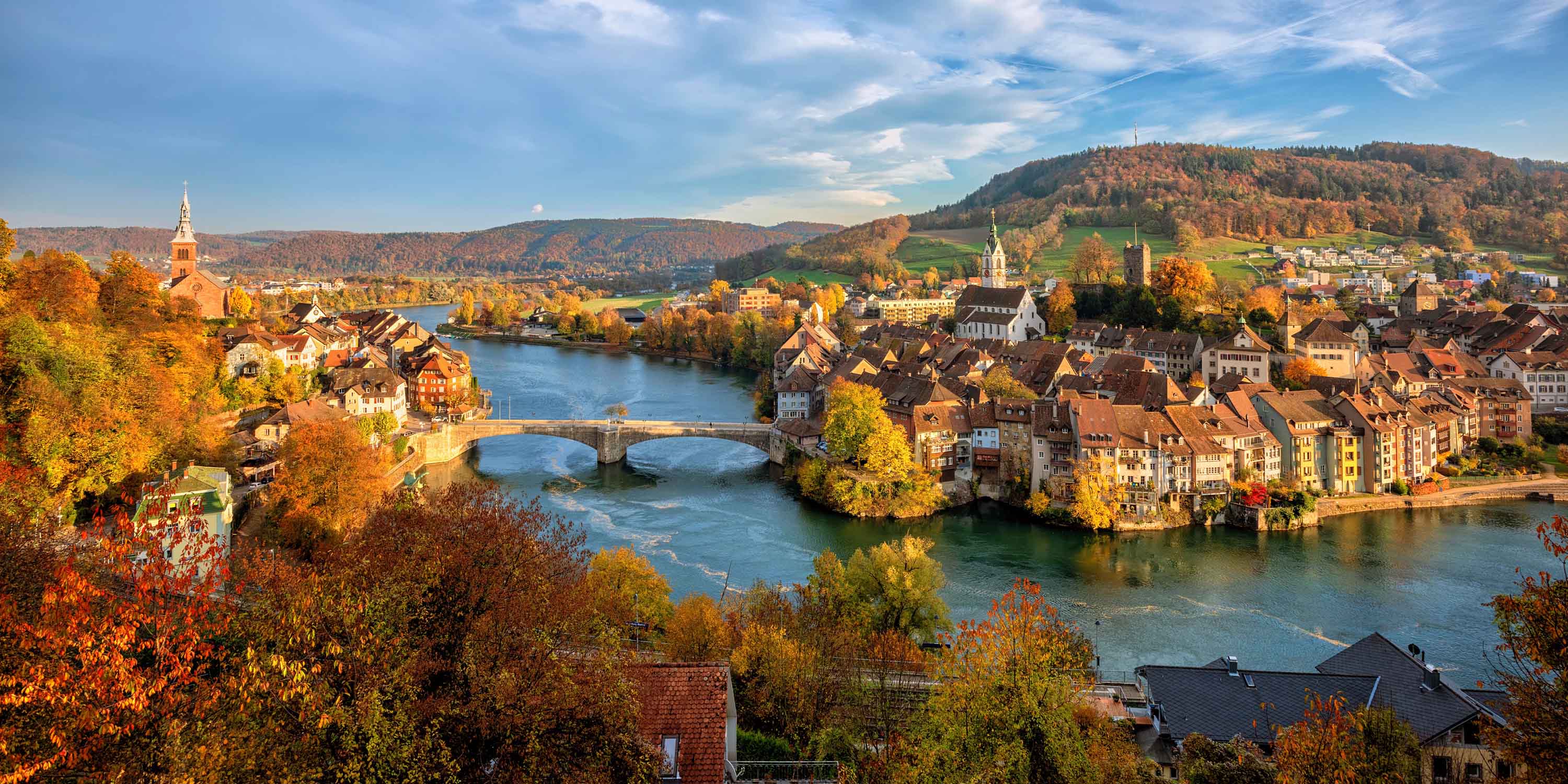 Countryside Rhine river section in autumnal colours