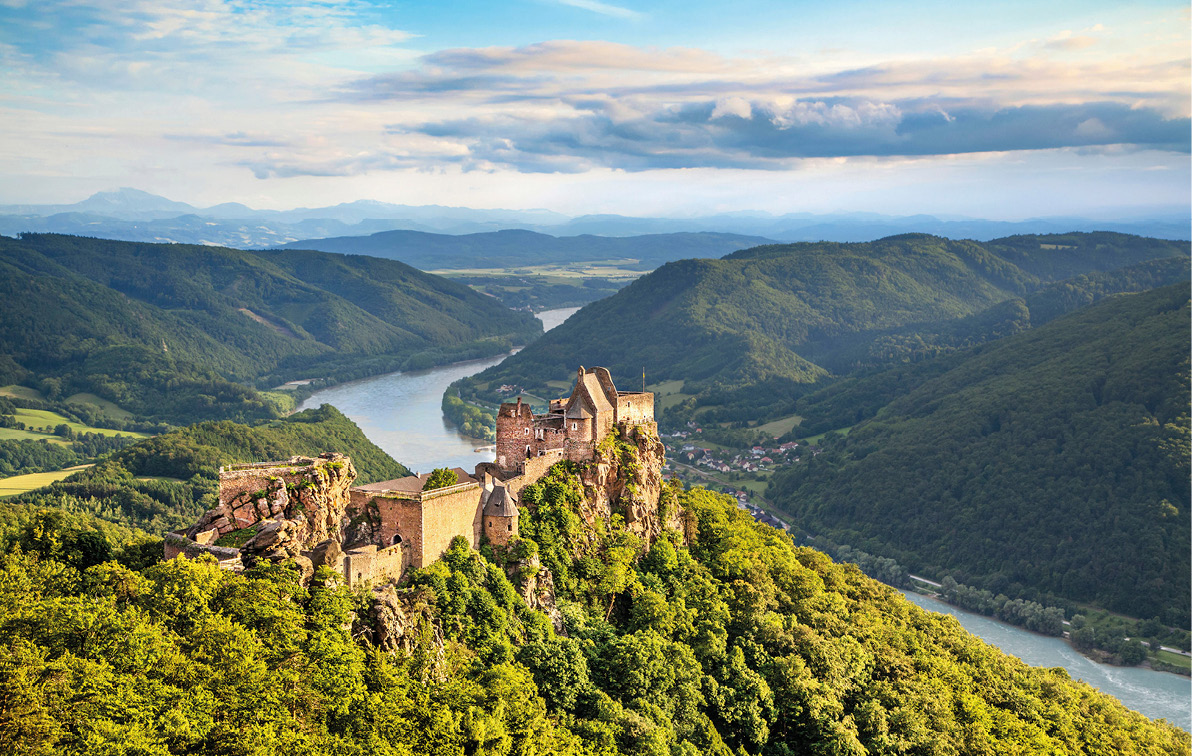 A castle on top of a luscious green mountain overlooking the Rhine River