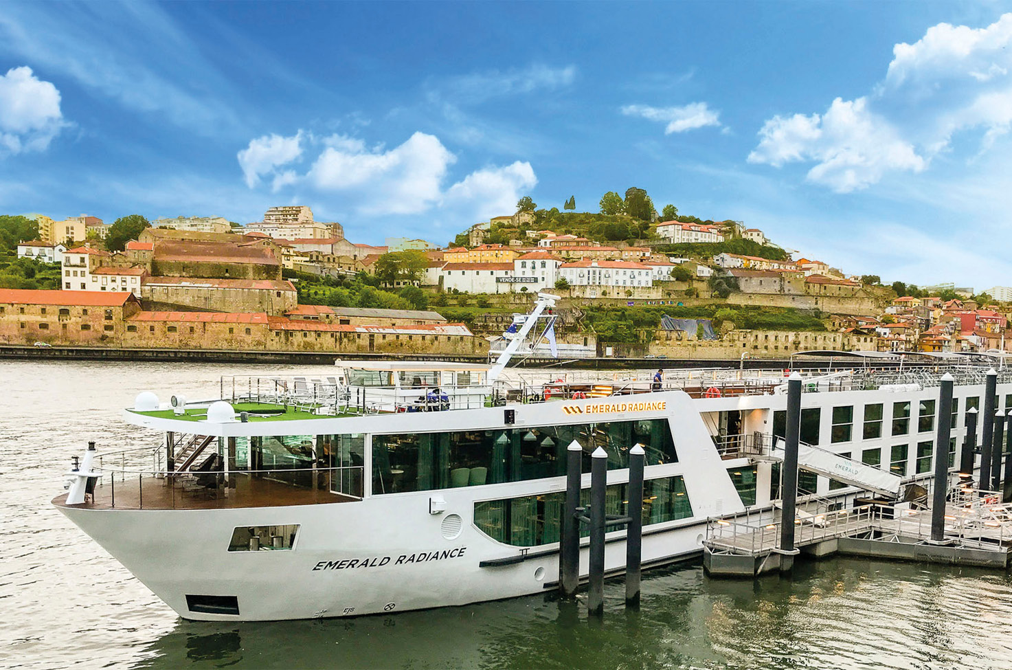 A view of the Emerald Radiance Star-Ship which is docked along the Douro River in Portugal.