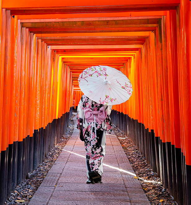 Geisha walking through Fushimi Inari Shrine, Kyoto, Japan