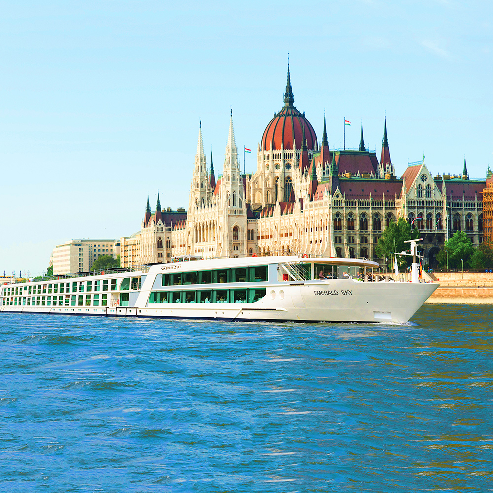 Emerald Sun River Cruise Ship Sailing on Danube River in Budapest