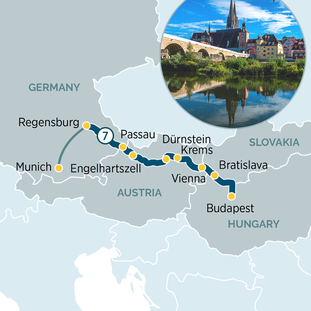 Map of Hungary, Austria, and Germany with a Picture of Regensburg Bridge in Bavaria