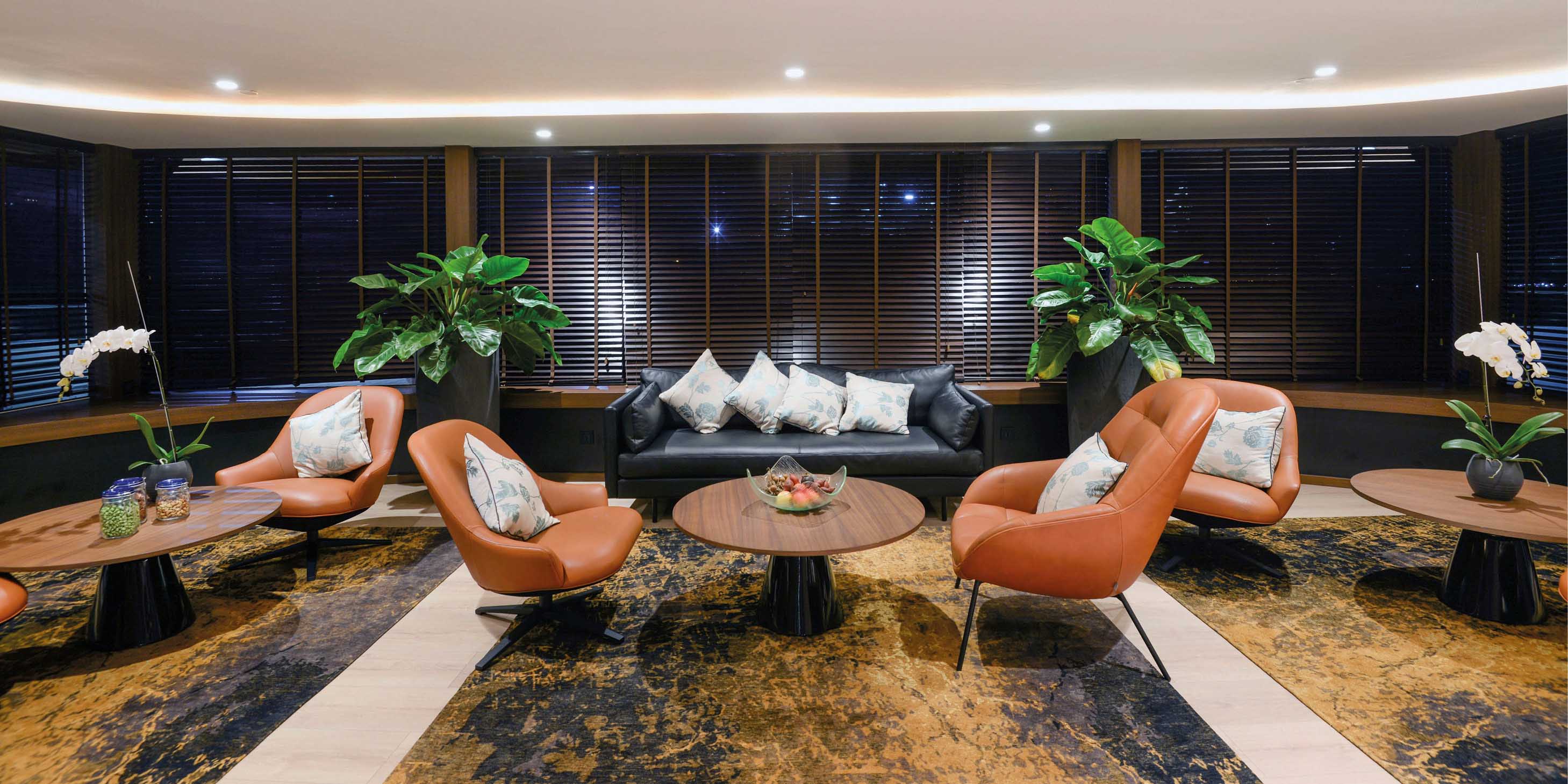 Cosy lounge area on board a luxury river ship on the Mekong in Southeast Asua