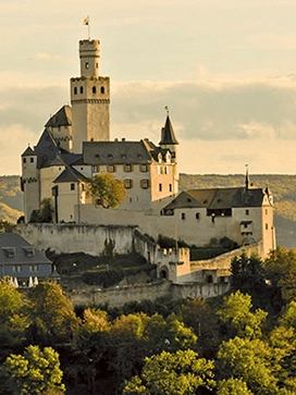 The fairytale Marksburg Castle in Germany at sunset